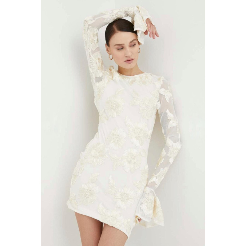 Kabarık Çiçek Motifli Sırtı Pencereli Mini Elbise