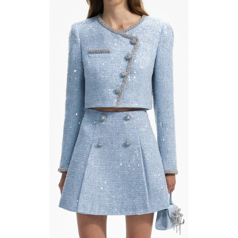 Kendinden Pullu Asimetrik Düğmeli Tasarım Mavi Tüvid Ceket