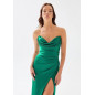 Drapeli Yırtmaçlı Straplez Saten Yeşil Maksi Elbise
