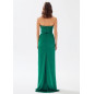 Drapeli Yırtmaçlı Straplez Saten Yeşil Maksi Elbise