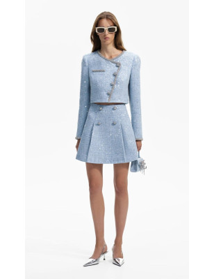 Kendinden Pullu Asimetrik Düğmeli Tasarım Mavi Tüvid Ceket