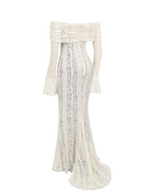 Madonna Yaka Beyaz Maksi Dantel Tasarım Elbise