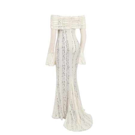 Madonna Yaka Beyaz Maksi Dantel Tasarım Elbise