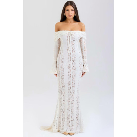 Madonna Yaka Beyaz Maksi Dantel Tasarım Elbise