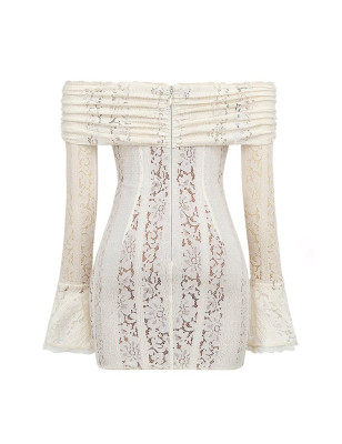 Madonna Yaka Beyaz Dantel Mini Tasarım Elbise