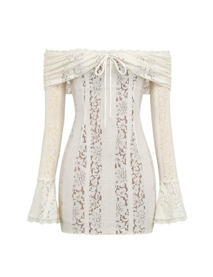 Madonna Yaka Beyaz Dantel Mini Tasarım Elbise