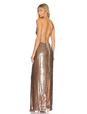 İp Askılı Payetli Kahverengi Tasarım Elbise