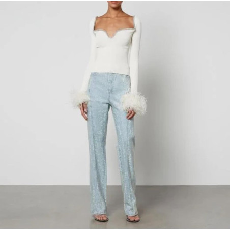 Kolları Otrişli Kristal Taşlı Fitilli Tasarım Bluz