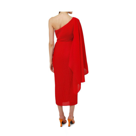 Tek Omuzlu Pliseli Kırmızı Tasarım Midi Elbise