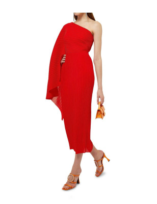 Tek Omuzlu Pliseli Kırmızı Tasarım Midi Elbise