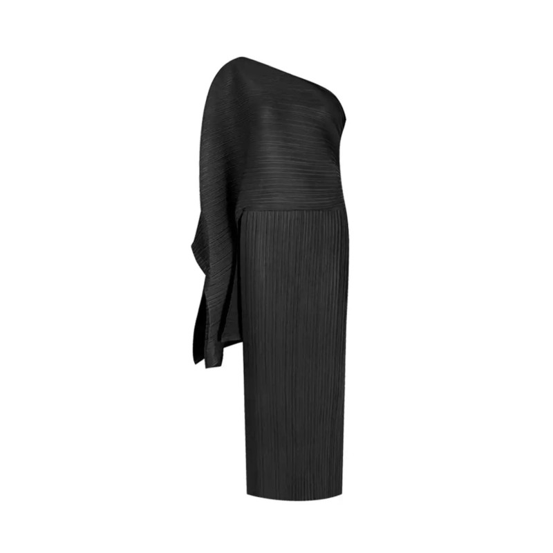 Tek Omuzlu Pliseli Siyah Tasarım Midi Elbise
