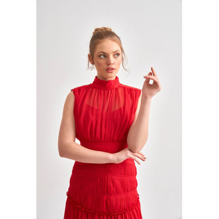 Şifon Midi Boy Tasarım Elbise (Kırmızı)