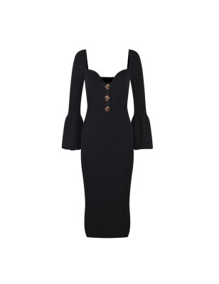 Gold Düğmeli Siyah Triko Tasarım Bandaj Elbise