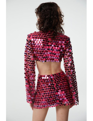 Beli Halka Detaylı Dekolteli Pullu Tasarım Fuşya Elbise