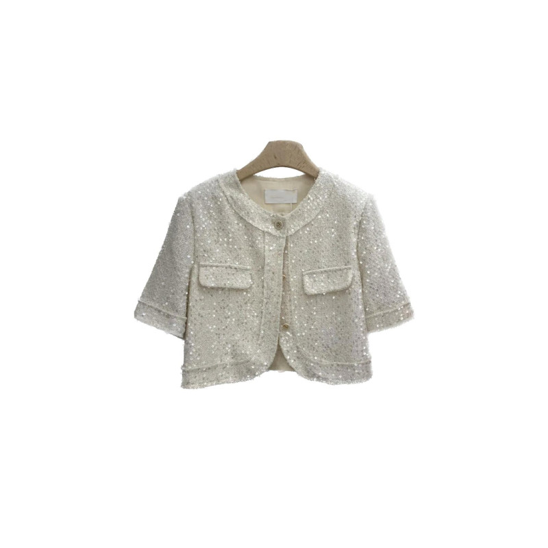 Şeffaf Pul Detaylı Kısa Kollu Krem Tüvid Ceket