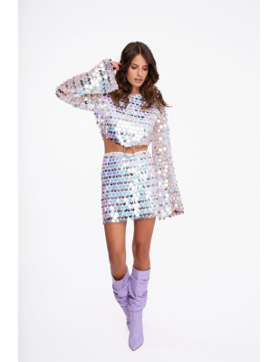 Beli Halka Detaylı Dekolteli Pullu Tasarım Gümüş Elbise