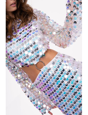 Beli Halka Detaylı Dekolteli Pullu Tasarım Gümüş Elbise