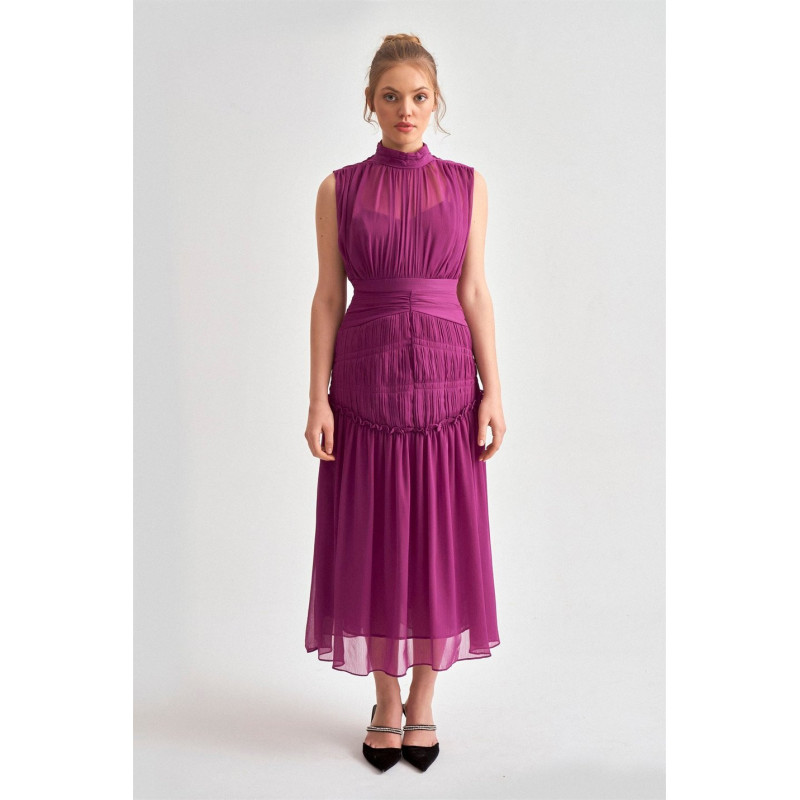 Şifon Midi Boy Tasarım Elbise (Mor)