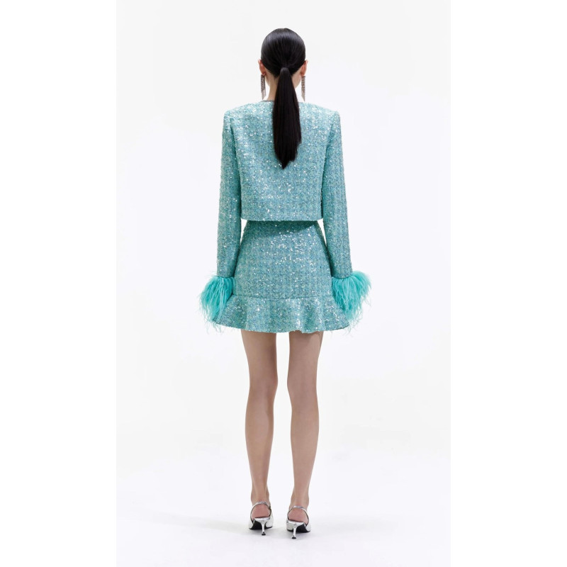 Kristal Taşlı Kolları Otrişli Mint Rengi Premium Ceket