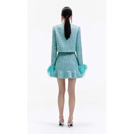 Kristal Taşlı Kolları Otrişli Mint Rengi Premium Ceket