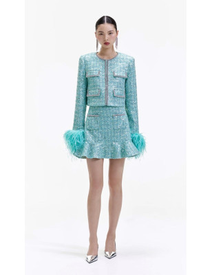 Kristal Taşlı Kolları Otrişli Mint Rengi Premium Ceket