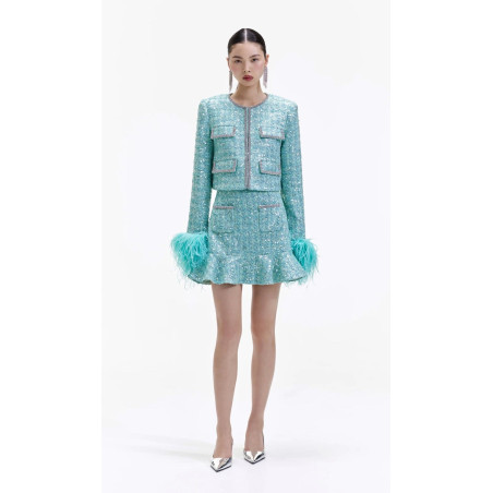 Kristal Taşlı Kolları Otrişli Mint Rengi Premium Ceket