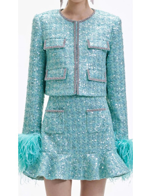 Kristal Taşlı Kolları Otrişli Mint Rengi Premium Ceket