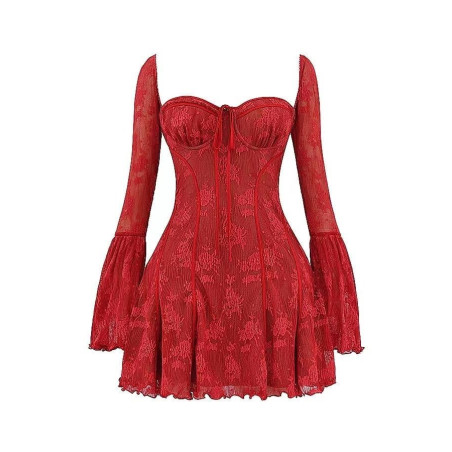Korse Formlu Uzun Kollu Dantel Kırmızı Elbise