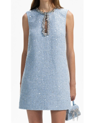 Gümüş Pul Detaylı Kolsuz Mavi Tüvid Tasarım Elbise