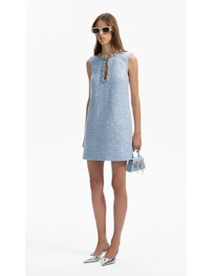 Gümüş Pul Detaylı Kolsuz Mavi Tüvid Tasarım Elbise