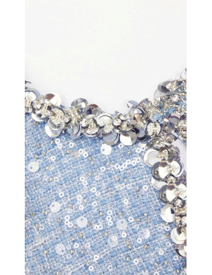 Gümüş Pul Detaylı Kolsuz Mavi Tüvid Tasarım Elbise