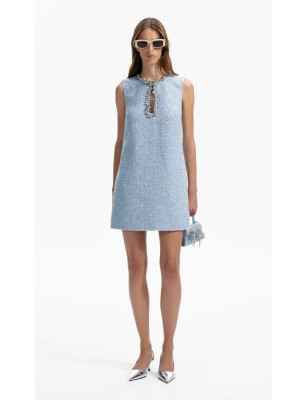 Gümüş Pul Detaylı Kolsuz Mavi Tüvid Tasarım Elbise