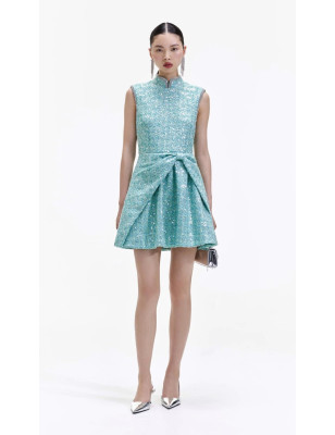 Eteği Kurdele Formlu Kristal Taş Detaylı Tasarım Tüvid Elbise