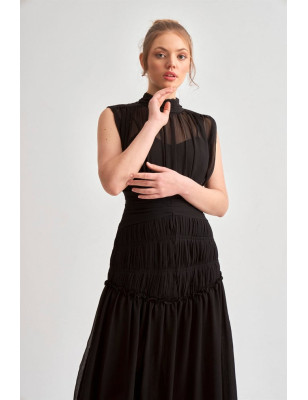 Şifon Midi Boy Tasarım Elbise (Siyah)