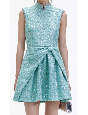 Eteği Kurdele Formlu Kristal Taş Detaylı Tasarım Tüvid Elbise