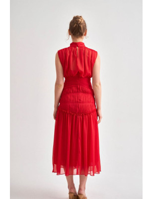 Şifon Midi Boy Tasarım Elbise (Kırmızı)