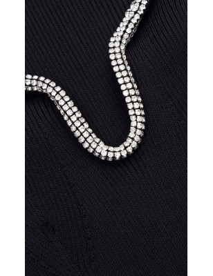 Kristal Taş Detaylı Fitilli Tasarım Siyah Triko Elbise