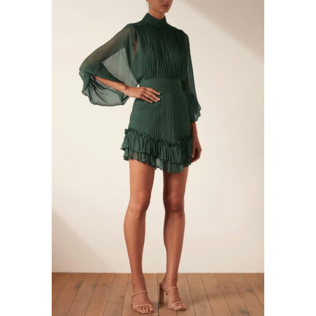 Şifon Tasarım Mini Elbise (Petrol Yeşili)