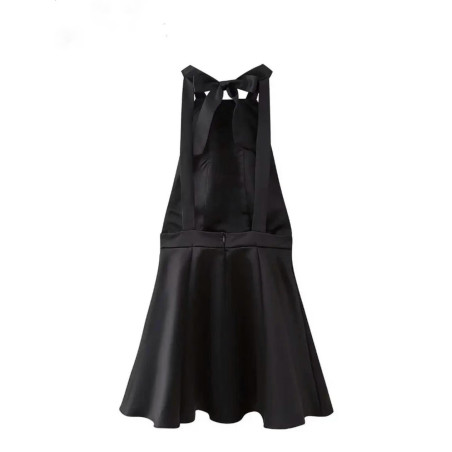 Halter Yaka Sırtı Kurdeleli Siyah Tasarım Mini Elbise