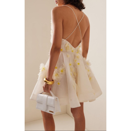 Papatya Çiçek Aplikli Sırtı Çapraz İpli Mini Elbise