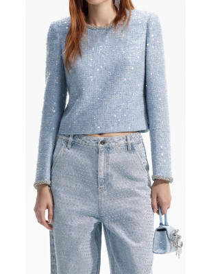 Yakası Kristal Taşlı Pullu Tasarım Tüvid Bluz