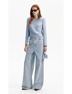 Yakası Kristal Taşlı Pullu Tasarım Tüvid Bluz