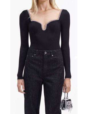 Kristal Taş Detaylı Fitilli Siyah Tasarım Triko Bluz