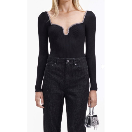 Kristal Taş Detaylı Fitilli Siyah Tasarım Triko Bluz
