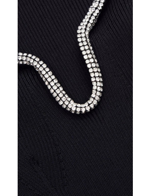 Kristal Taş Detaylı Fitilli Siyah Tasarım Triko Bluz