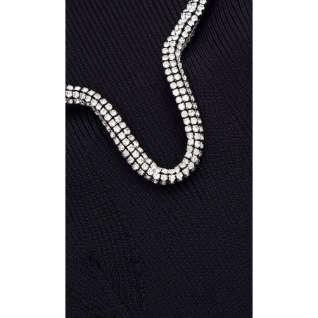 Kristal Taş Detaylı Fitilli Siyah Tasarım Triko Bluz