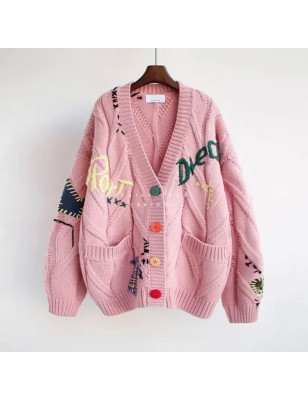 Renkli Düğmeli Dikiş Detaylı Pembe Hırka