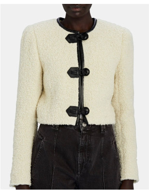 Deri Detaylı Yünlü Ekru Tasarım Ceket