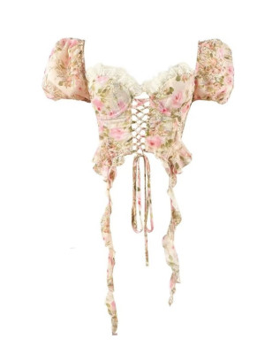 Çiçek Desenli Bağcıklı Fırfırlı Tasarım Korse Top