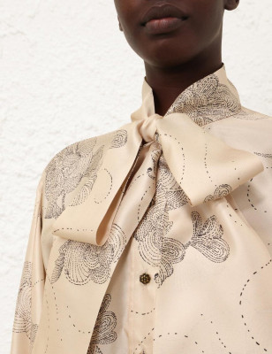 Boyundan Bağlamalı Desenli İpek Premium Gömlek